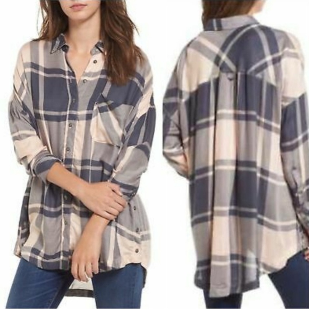 Free People Oversized Blue and Cream Plaid Button-Down Shirt